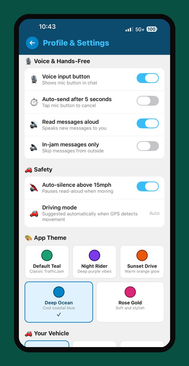 TrafficJam Profile and Settings screen
